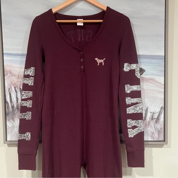 PINK Victoria's Secret Pajama Henley Sz M Bling One Piece Long Sleeve Loungewear - Picture 2 of 11
